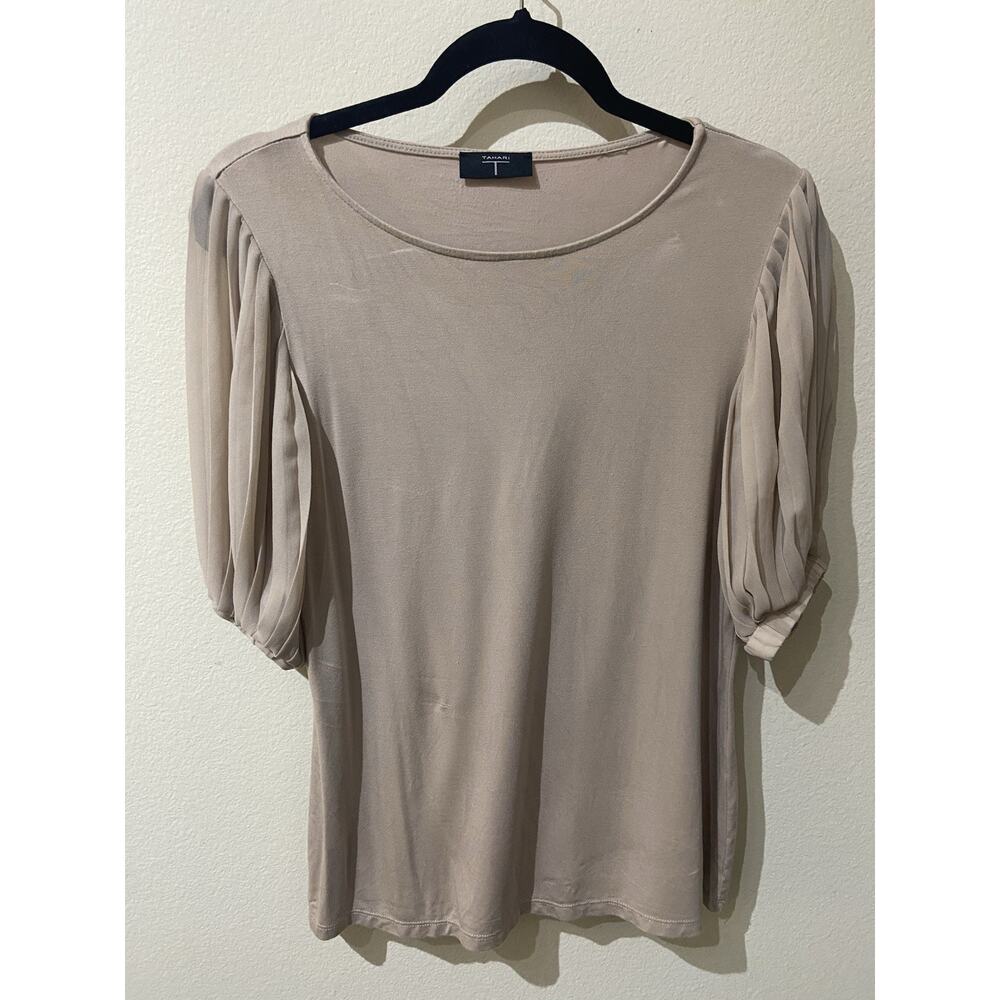 Tahari Top Womens Medium Brown Short Balloon Sleeve Soft Knit Casual Shirt